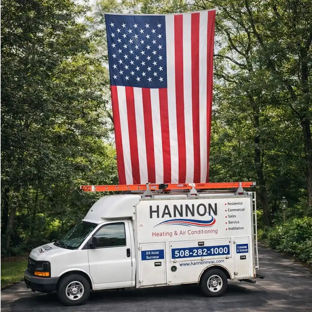 Hannon HVAC technician in front of service van