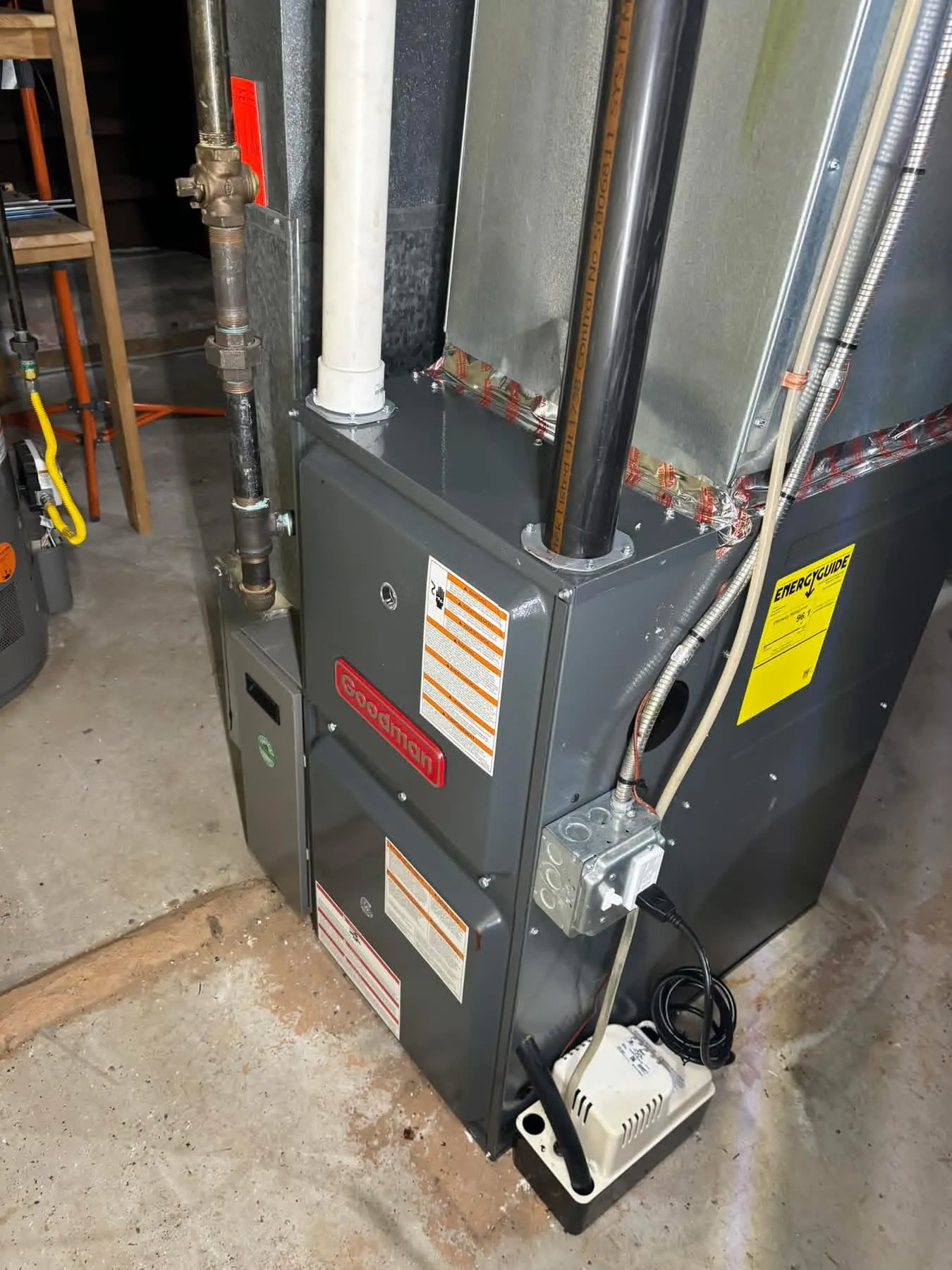 High-efficiency Goodman gas furnace installed by Hannon in a MetroWest basement