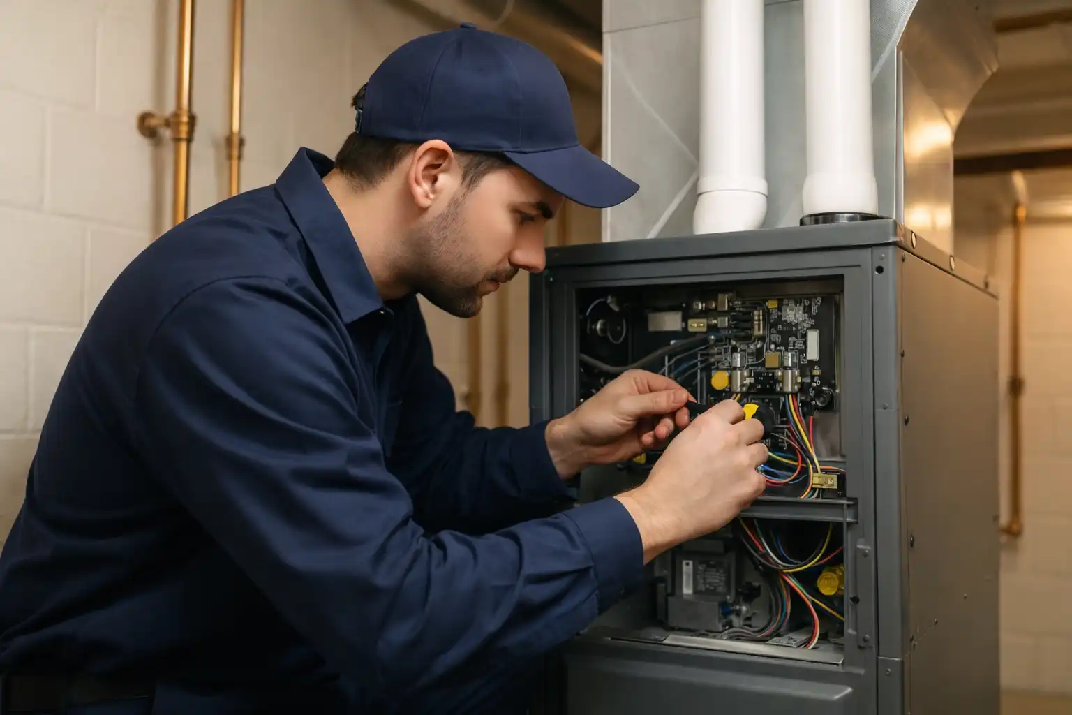 Professional HVAC technician servicing a furnace