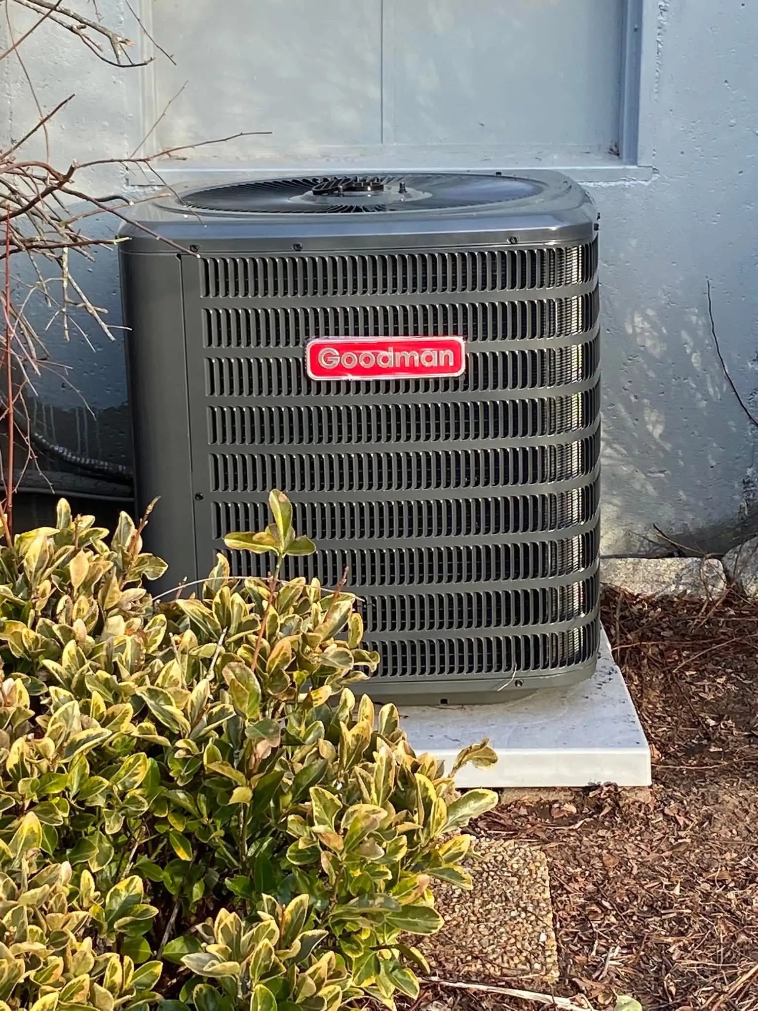 Goodman outdoor unit on a pad beside a light-blue wall in golden late-day sun