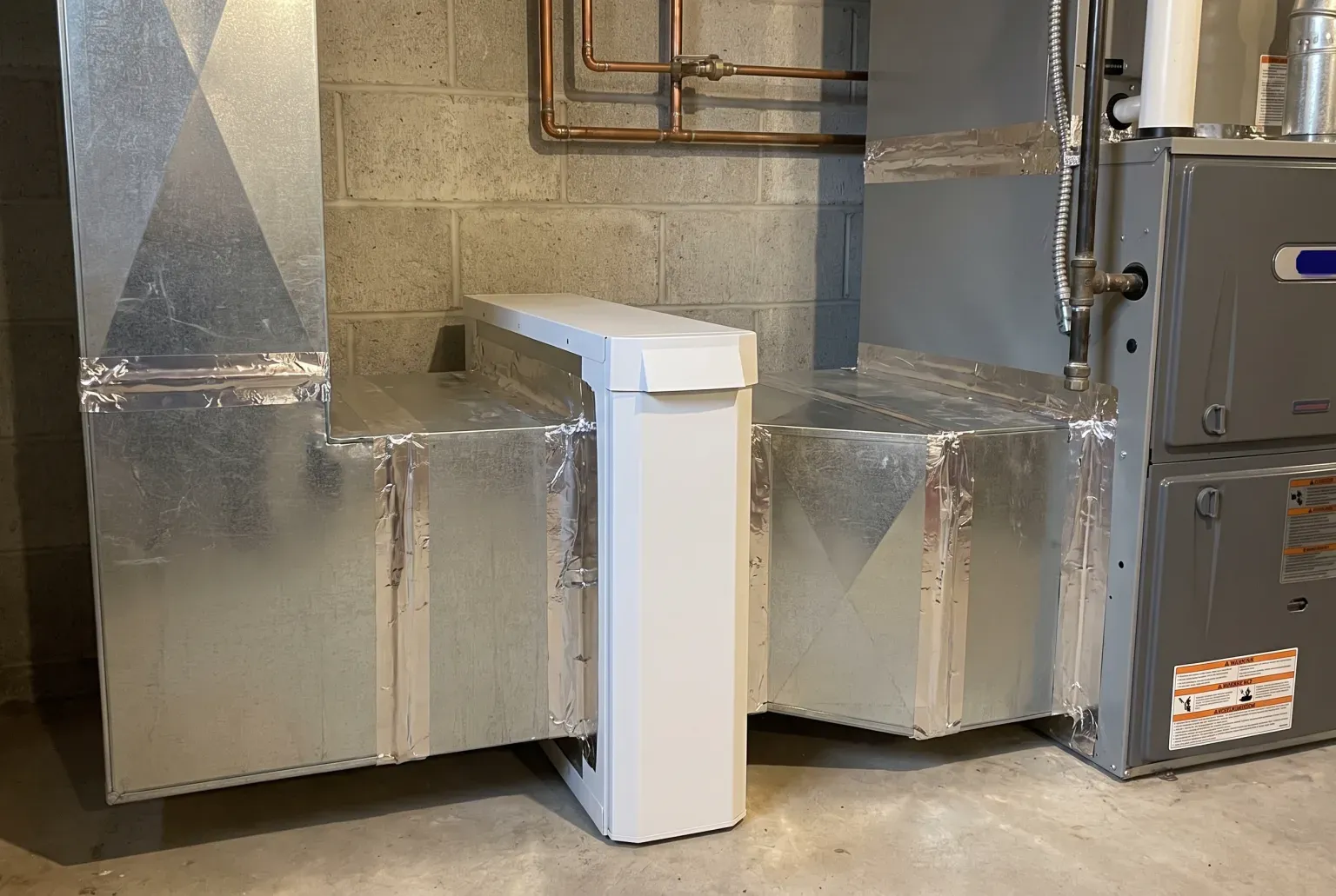 Whole-home media air cleaner cabinet on a furnace return duct (illustration)