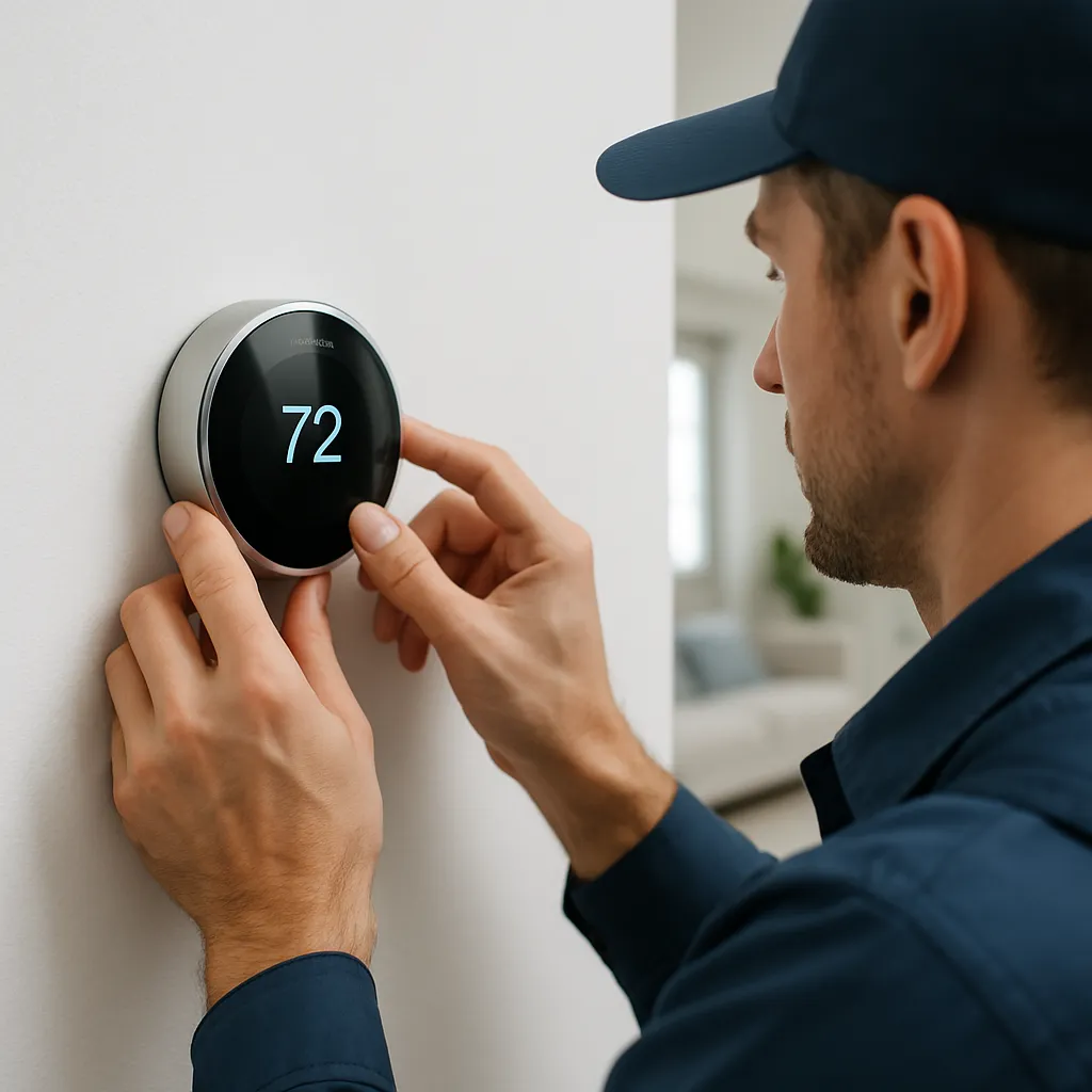 HVAC technician adjusting a smart thermostat